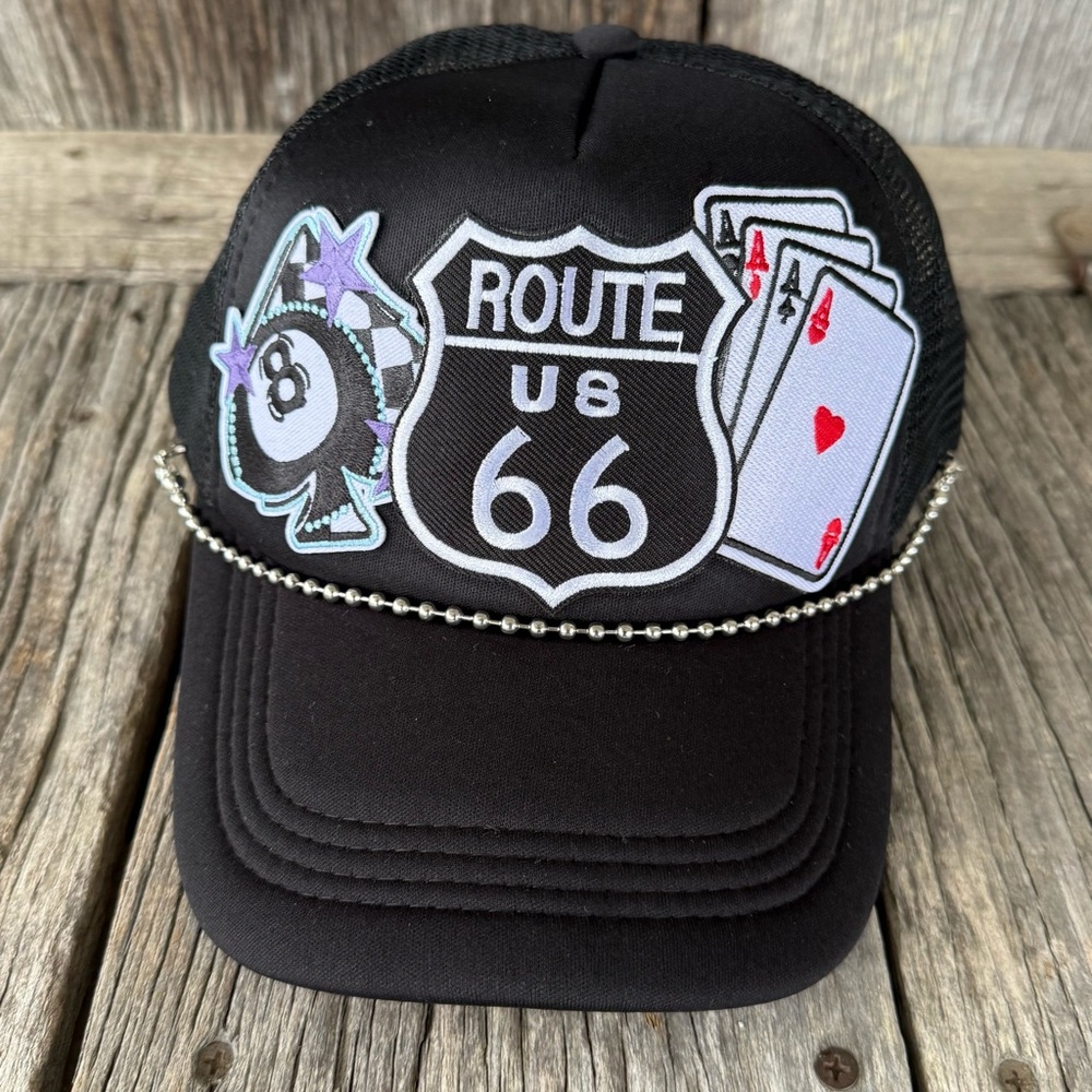 Black Trucker Hat Route 66 Playing Cards 8 Ball Iron On Patches Silver Hat chain